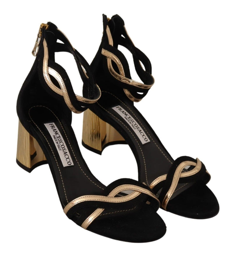 Black Gold Leather Suede Ankle Strap Heels Shoes