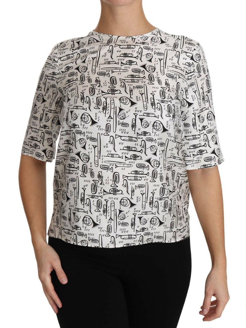 White Musical Instruments Print Blouse