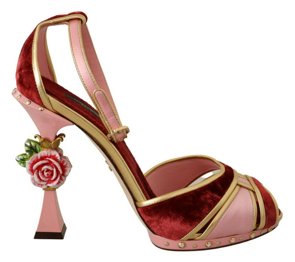 Pink Red Velvet Flower Strappy Sandals Shoes