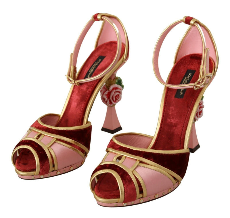 Pink Red Velvet Flower Strappy Sandals Shoes