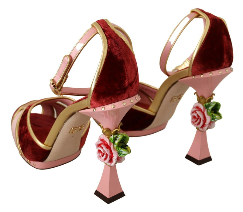 Pink Red Velvet Flower Strappy Sandals Shoes