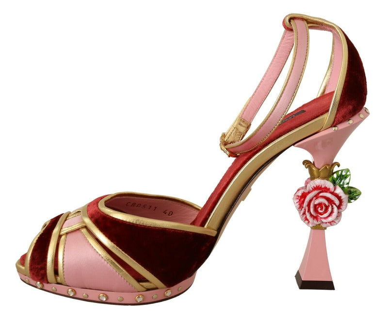 Pink Red Velvet Flower Strappy Sandals Shoes