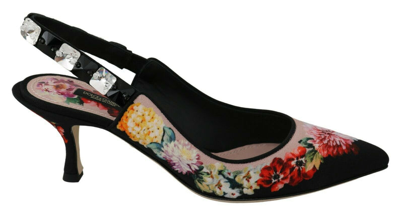 Black Floral Crystal Heels Slingbacks Shoes