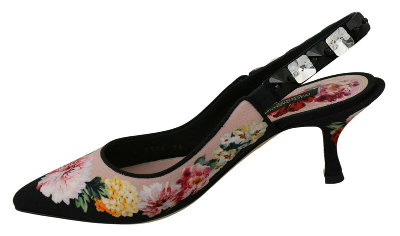 Black Floral Crystal Heels Slingbacks Shoes