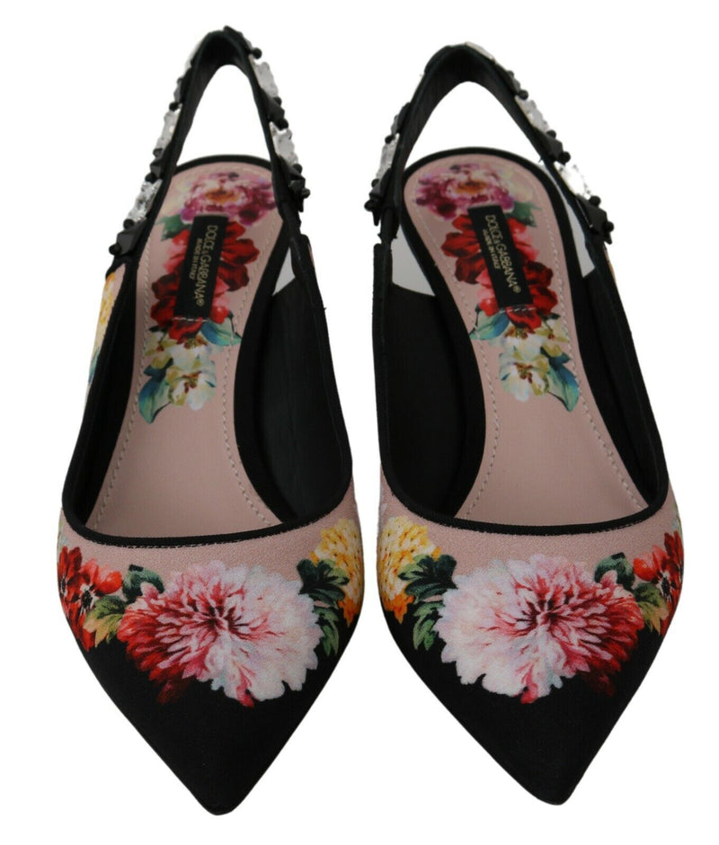 Black Floral Crystal Heels Slingbacks Shoes