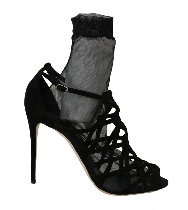 Black Suede Tulle Ankle Boots Sandal Shoes