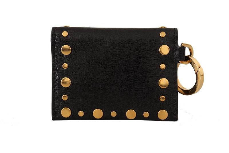 Black Leather Mini Bifold Studded Keychain Wallet