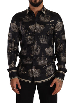 GOLD Slim Fit Black Crown Print Silk Shirt