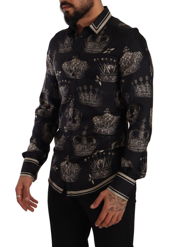 GOLD Slim Fit Black Crown Print Silk Shirt