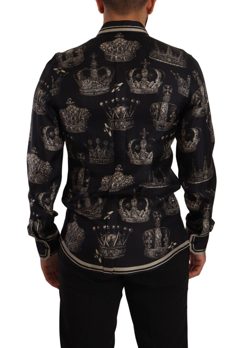 GOLD Slim Fit Black Crown Print Silk Shirt