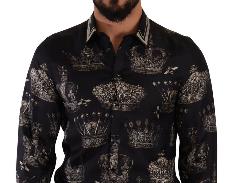 GOLD Slim Fit Black Crown Print Silk Shirt