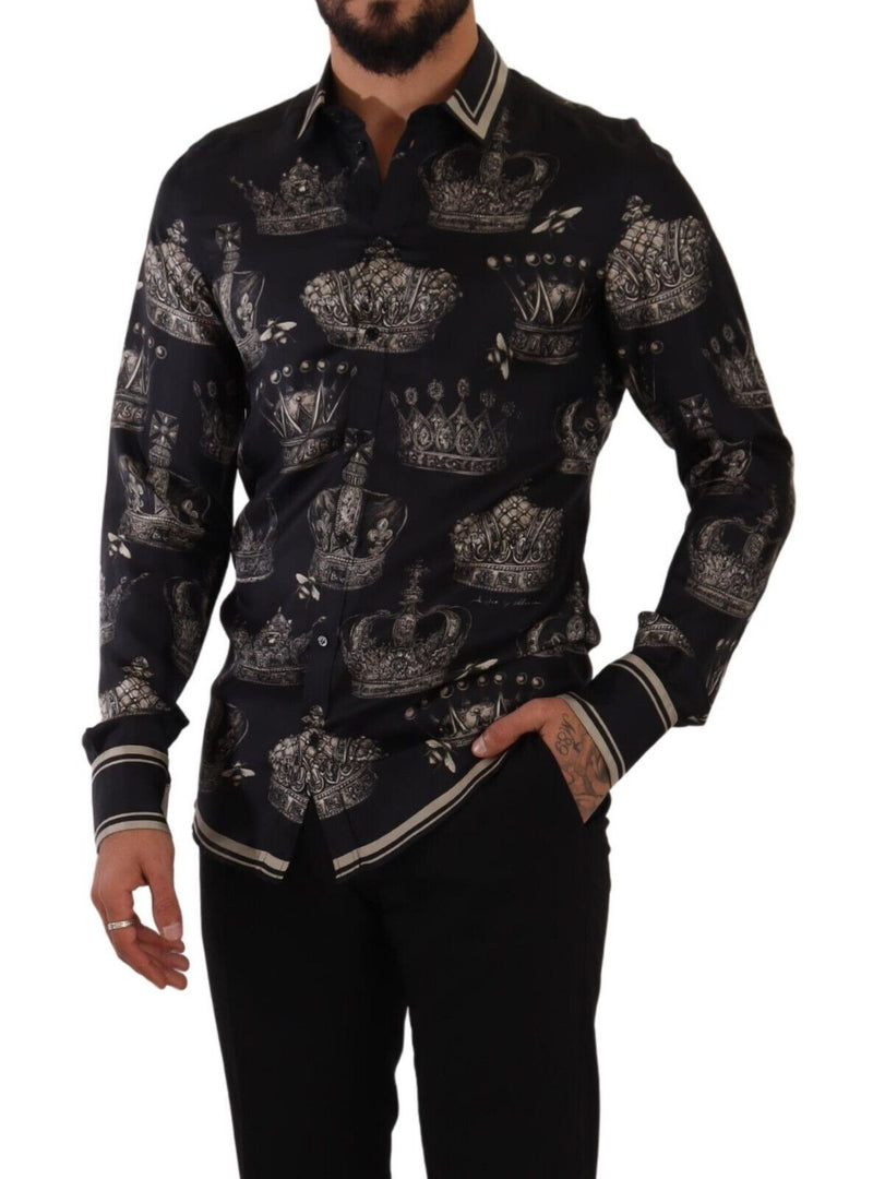 GOLD Slim Fit Black Crown Print Silk Shirt