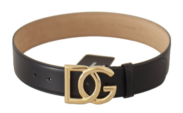 Black Calf Leather Gold DG Logo Metal Buckle Belt