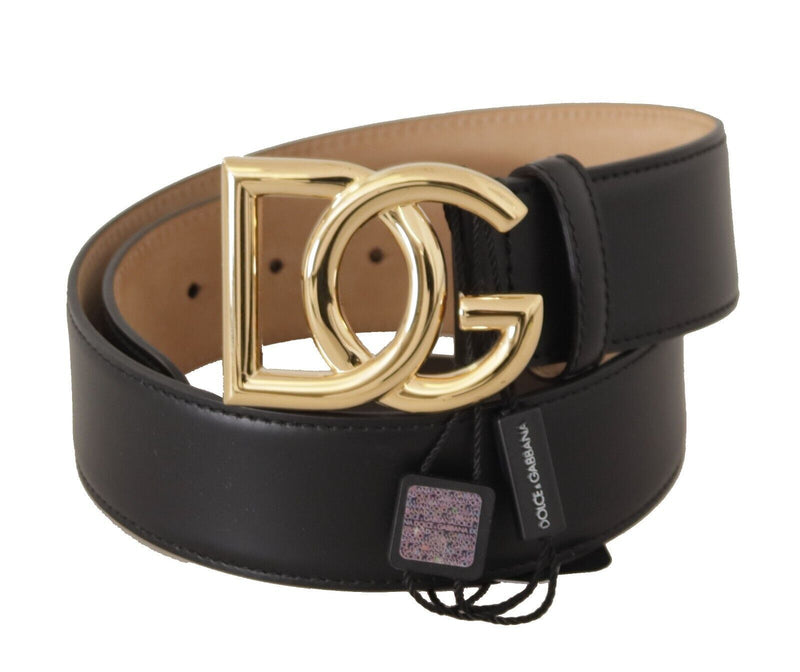 Black Calf Leather Gold DG Logo Metal Buckle Belt