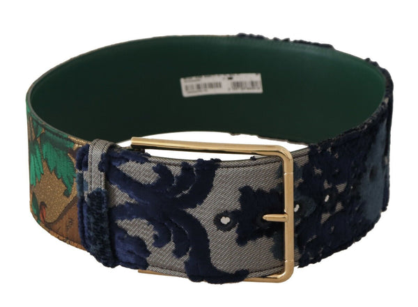 Green Jaquard Embroid Leather Gold Metal Belt