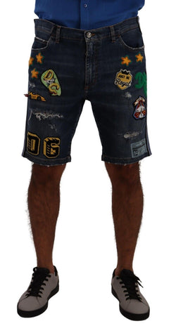 Blue Logo Patch Cotton Denim Bermuda Shorts