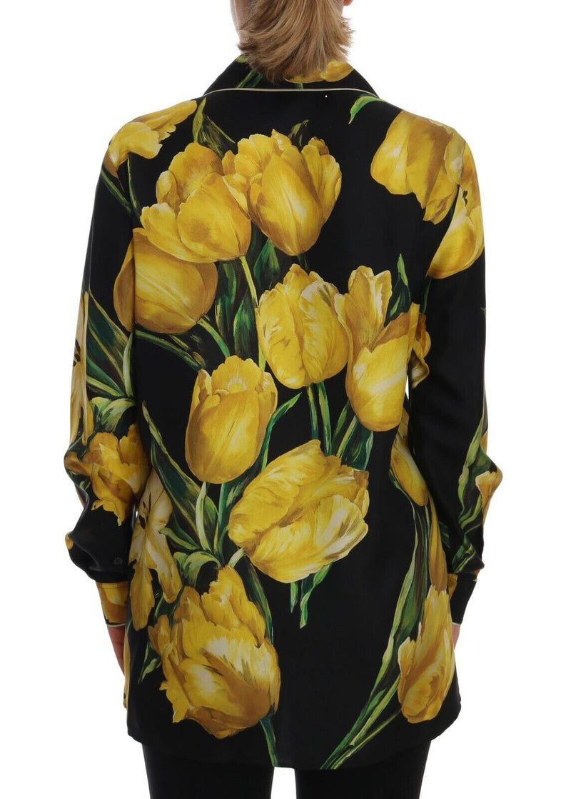 Black Yellow Floral Long Sleeves Pajama Shirt Top