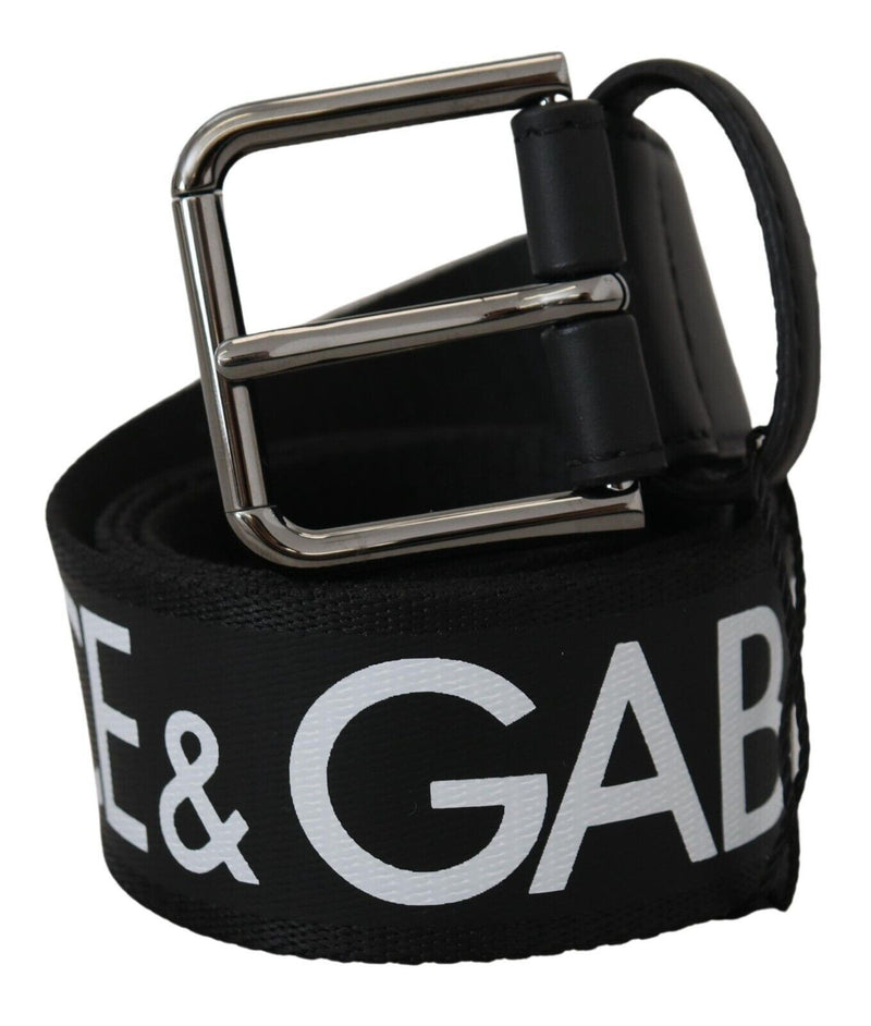 Black White Logo Print Silver Metal Buckle Belt