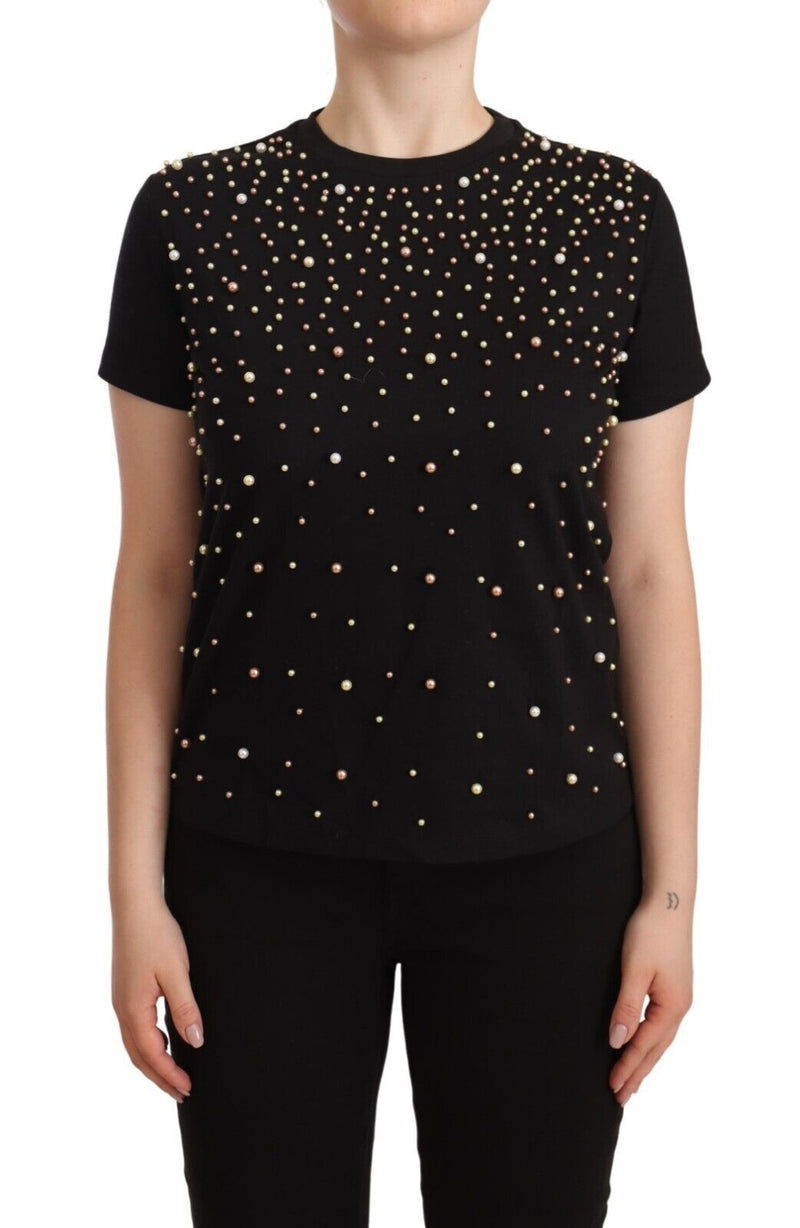 Black Cotton Short Sleeves Embellished T-shirt Jersey Top