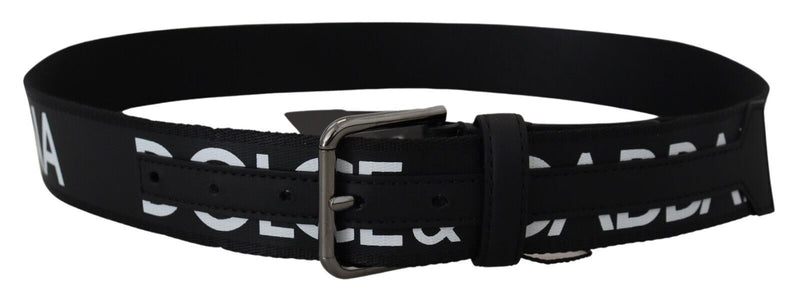 Black White Logo Print Silver Metal Buckle Belt