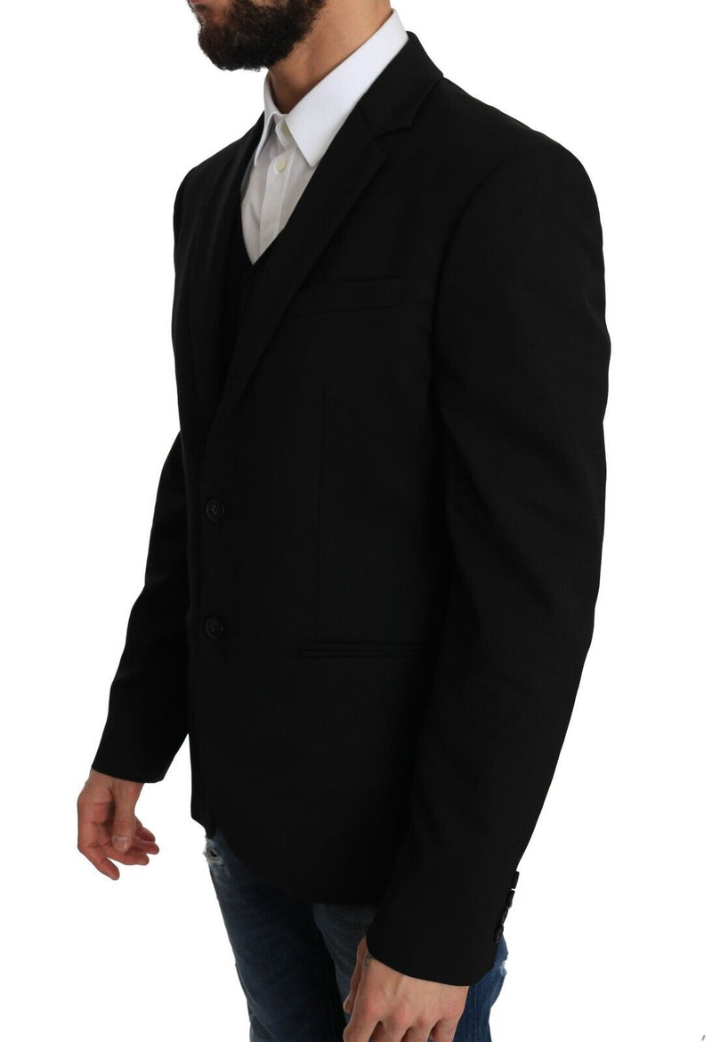 Black Virgin Wool Jacket Vest Slim Blazer