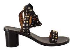 Black Studded Leather Ankle Strap Sandals Shoes