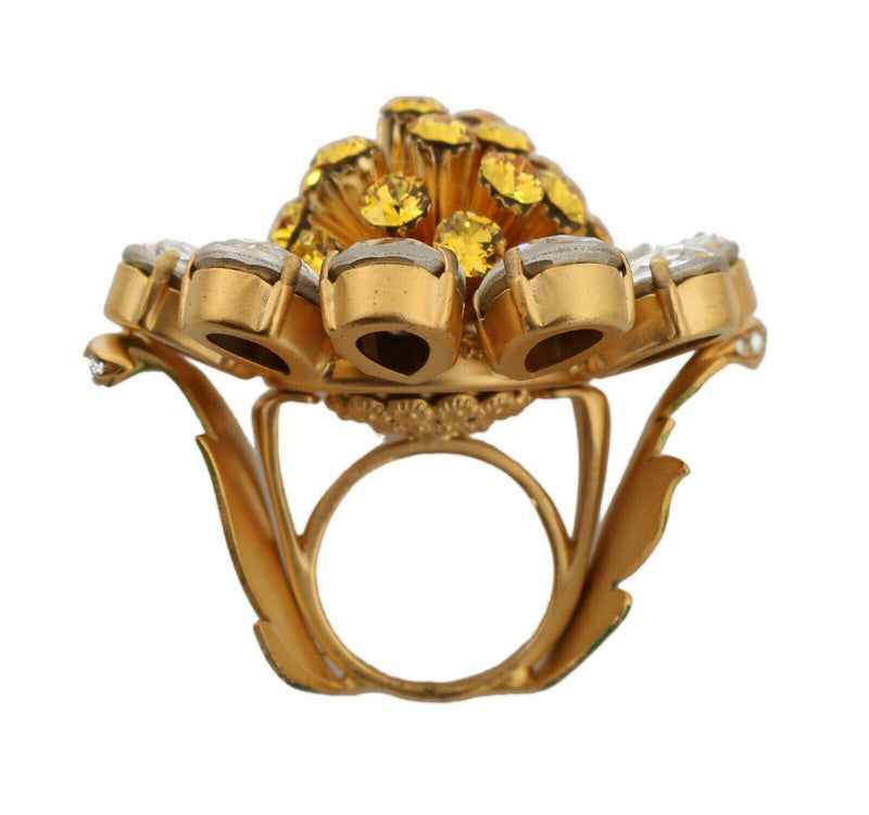 Gold Brass Yellow Crystal Flower Ring