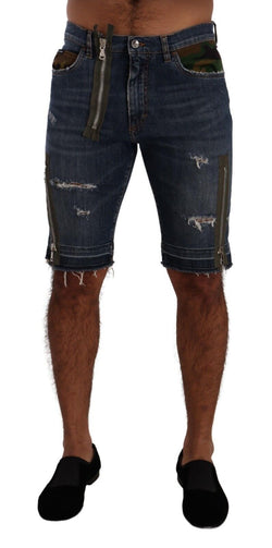 Dark Blue Tattered Cotton Stretch Denim Shorts