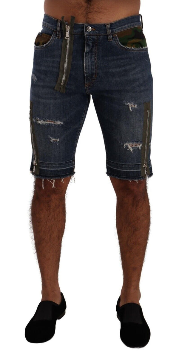 Dark Blue Tattered Cotton Stretch Denim Shorts