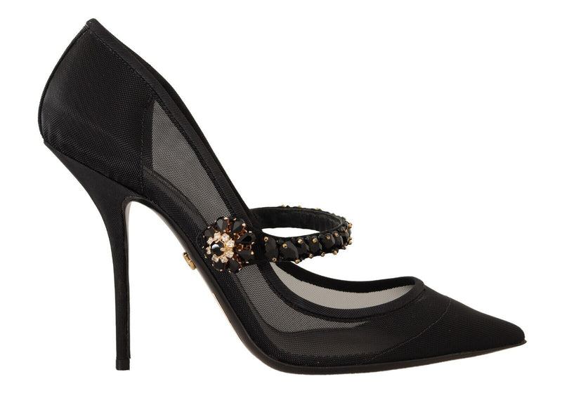 Black Mesh Cystals Heels Pumps Mary Jane Shoes