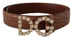 Brown Crocodile Print Leather Crystal Logo Buckle Belt