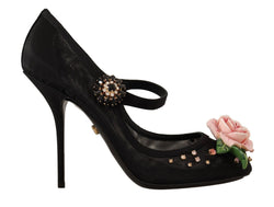 Black Mesh Embellished Pumps Mary Jane Shoes