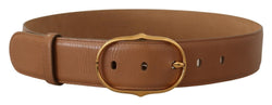 Brown Leather Gold Metal Oval Buckle Belt