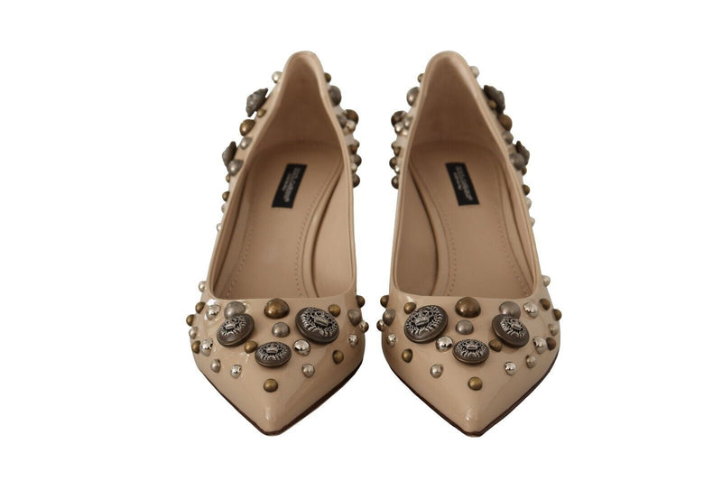 Beige Leather Button Studded Heels Pumps Shoes