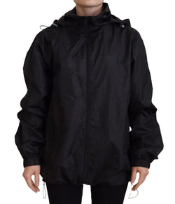 Black Printed Nylon Hooded Bomber Jacket