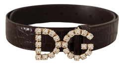 Brown Crocodile Print Leather Crystal Logo Buckle Belt