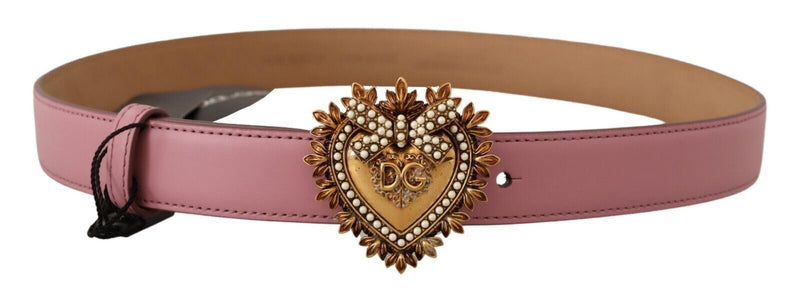 Pink Leather Heart Gold Logo Devotion Buckle Belt