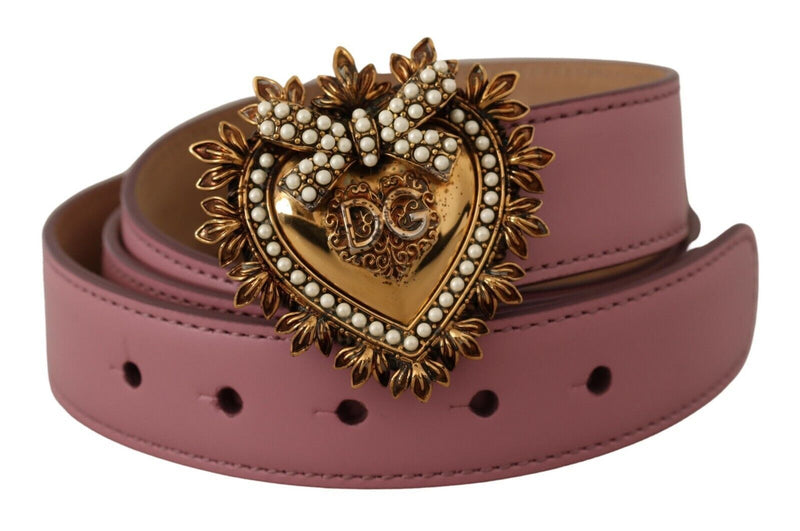 Pink Leather Heart Gold Logo Devotion Buckle Belt