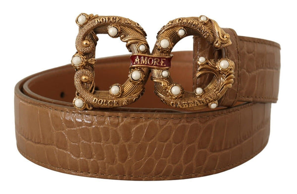 Brown Crocodile Pattern Leather Logo Amore  Belt