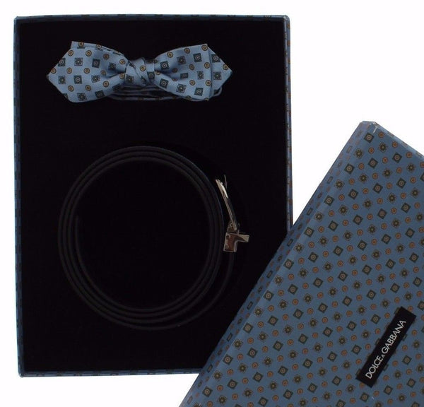 Blue Silk Bowtie Leather Men Belt Gift Box