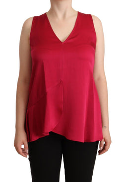 Red Solid Acetate Sleeveless V-Neck Tank Top