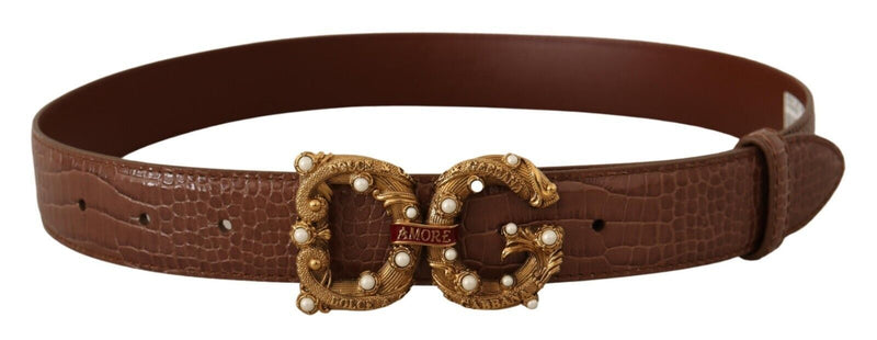 Brown Crocodile Print Leather Logo Buckle Amore Belt