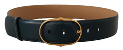 Blue Leather Gold Metal Oval Buckle Belt