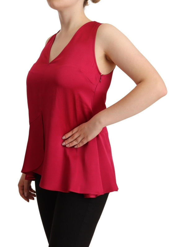 Red Solid Acetate Sleeveless V-Neck Tank Top