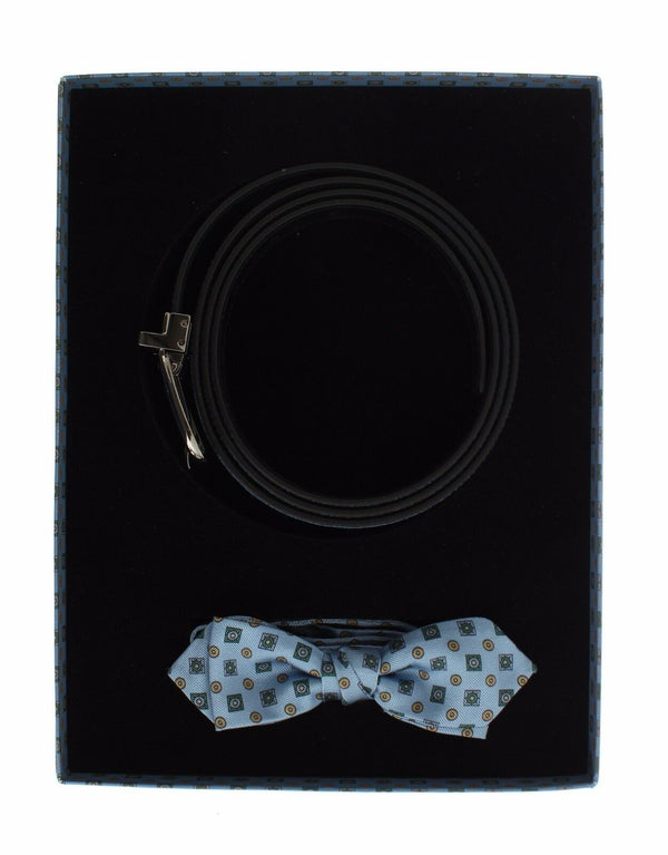 Blue Silk Bowtie Leather Men Belt Gift Box