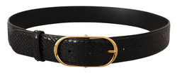 Black Exotic Leather Gold Metal Oval Buckle Belt