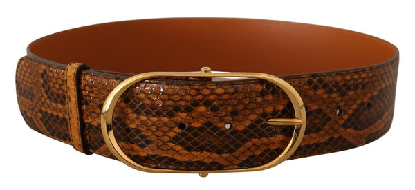 Brown Exotic Leather Gold Oval Buckle Belt