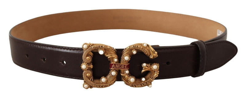 Brown Leather Brass Logo Buckle Baroque Amore Belt