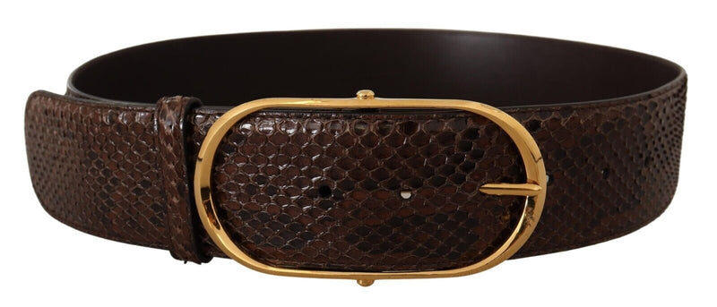 Brown Exotic Leather Gold Oval Buckle Belt