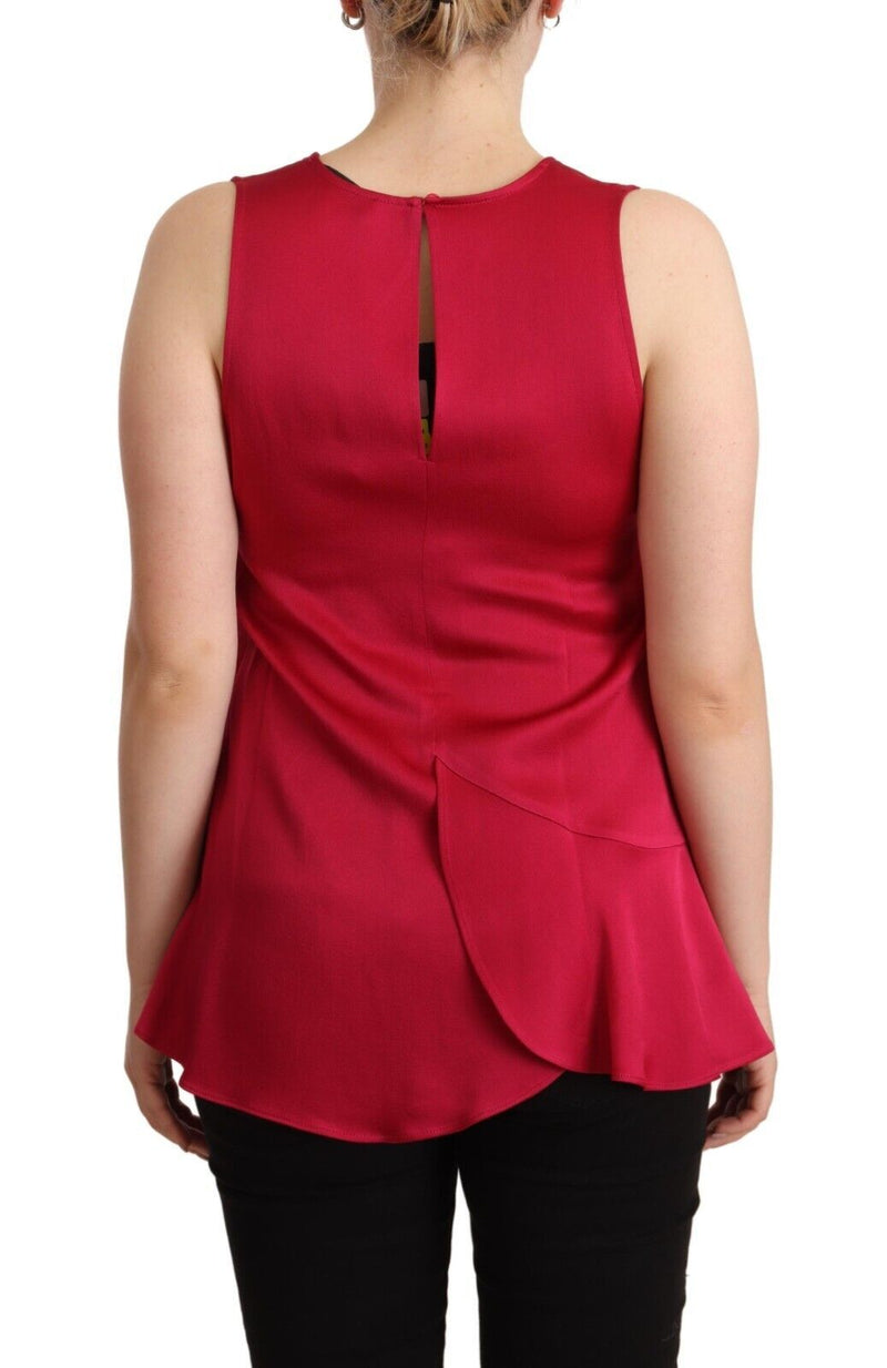 Red Solid Acetate Sleeveless V-Neck Tank Top